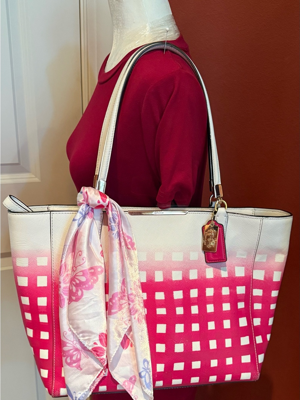 Coach White & Pink Madison gingham print Ombre Checkered Tote with Scarf